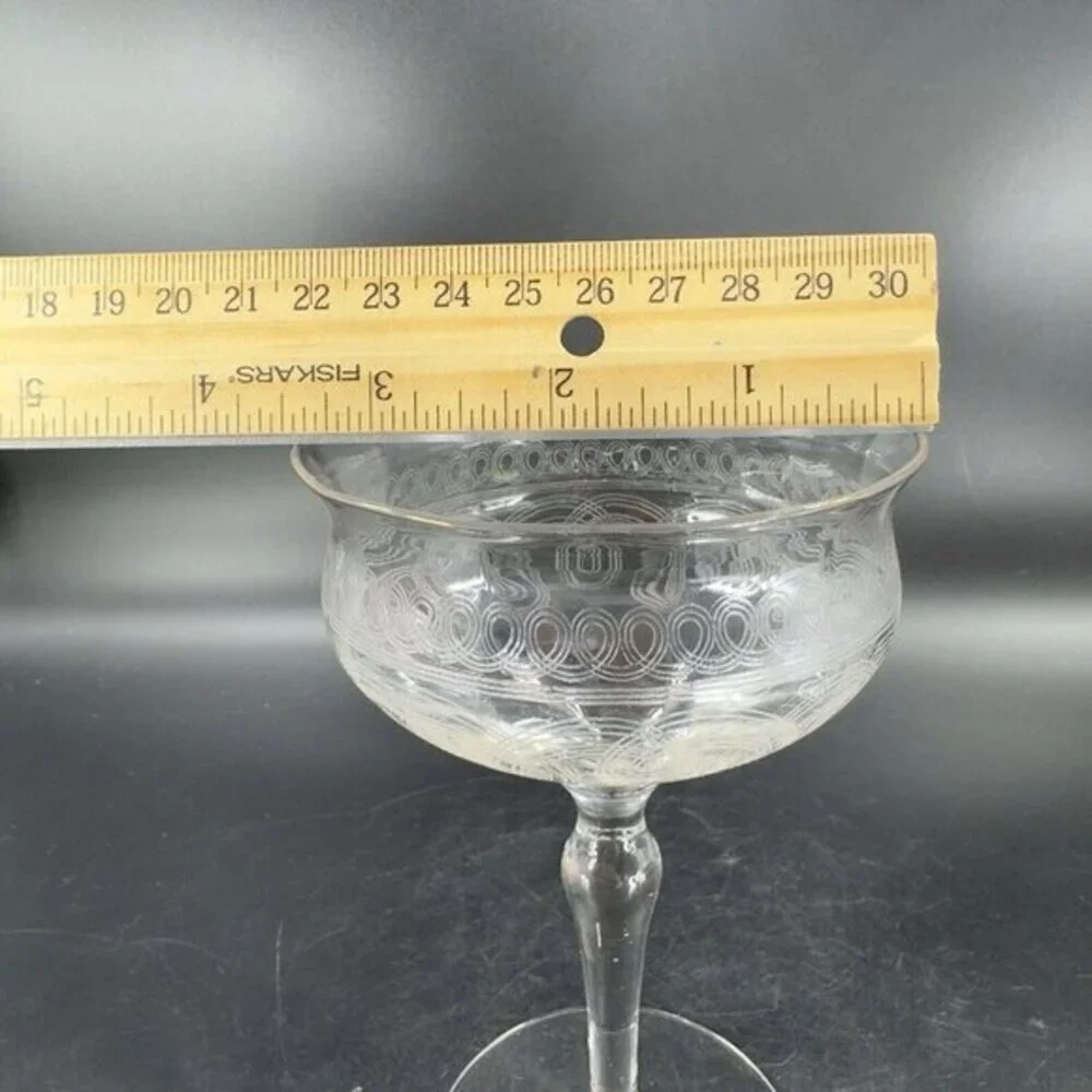 Antique French Glasses Needle Etched Green UV‎ Manganese 365nm Set 2 Drink Cups